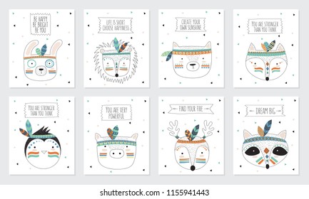 Vector collection of postcards with indian tribal animals faces with motivational slogan. Friendship day, Valentine's, anniversary, birthday, children's or teenager party