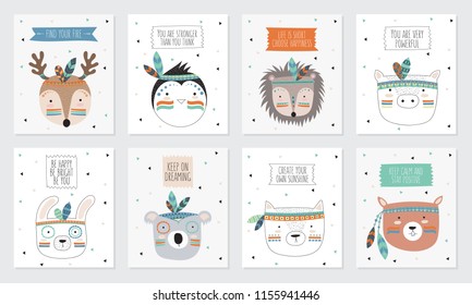 Vector collection of postcards with indian tribal animals faces with motivational slogan. Friendship day, Valentine's, anniversary, birthday, children's or teenager party