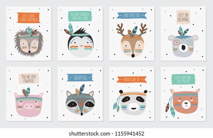 Vector collection of postcards with indian tribal animals faces with motivational slogan. Friendship day, Valentine's, anniversary, birthday, children's or teenager party