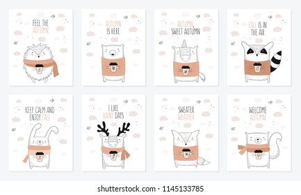 Vector collection of postcards with line drawing animal in sweater and slogan about autumn. Thanksgiving day, anniversary, baby shower, birthday, children's party, autumn holidays