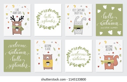 Vector collection of postcards with line drawing animal in sweater and slogan about autumn. Thanksgiving day, anniversary, baby shower, birthday, children's party, autumn holidays