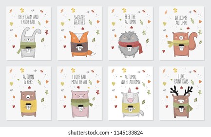 Vector collection of postcards with line drawing animal in sweater and slogan about autumn. Thanksgiving day, anniversary, baby shower, birthday, children's party, autumn holidays