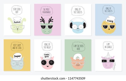 Vector collection of postcards with line drawing hipster animals with cool slogan. Doodle illustration. 