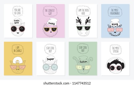 Vector collection of postcards with line drawing hipster animals with cool slogan. Doodle illustration.