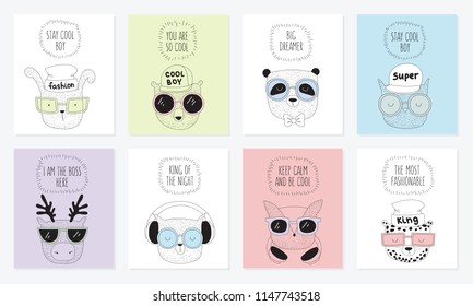 Vector collection of postcards with line drawing hipster animals with cool slogan. Doodle illustration. 