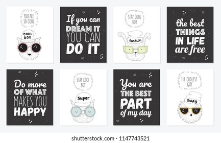 Vector collection of postcards with line drawing hipster animals with cool slogan. Doodle illustration. 