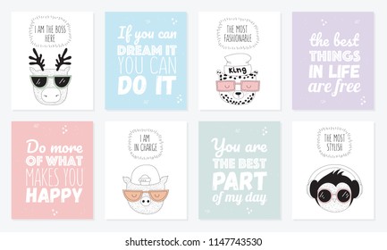 Vector collection of postcards with line drawing hipster animals with cool slogan. Doodle illustration. 