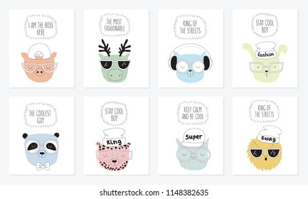 Vector collection of postcards with line drawing hipster animals with cool slogan. Doodle illustration. Friendship day, Valentine's, anniversary, birthday, children's or teenager party