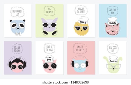 Vector collection of postcards with line drawing hipster animals with cool slogan. Doodle illustration. Friendship day, Valentine's, anniversary, birthday, children's or teenager party