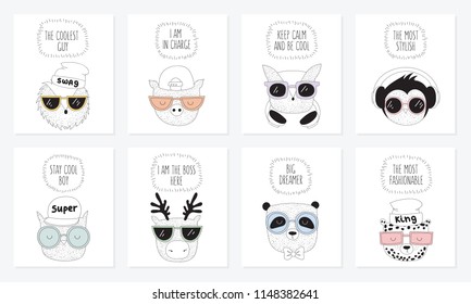 Vector collection of postcards with line drawing hipster animals with cool slogan. Doodle illustration. Friendship day, Valentine's, anniversary, birthday, children's or teenager party