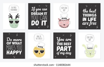 Vector collection of postcards with line drawing hipster animals with cool slogan. Doodle illustration. Friendship day, Valentine's, anniversary, birthday, children's or teenager party