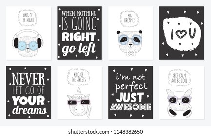 Vector collection of postcards with line drawing hipster animals with cool slogan. Doodle illustration. Friendship day, Valentine's, anniversary, birthday, children's or teenager party