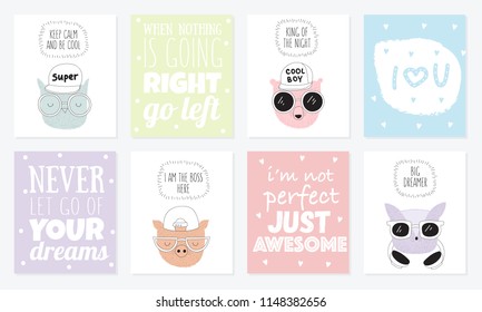 Vector collection of postcards with line drawing hipster animals with cool slogan. Doodle illustration. Friendship day, Valentine's, anniversary, birthday, children's or teenager party