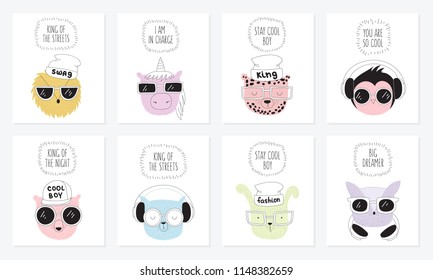 Vector collection of postcards with line drawing hipster animals with cool slogan. Doodle illustration. Friendship day, Valentine's, anniversary, birthday, children's or teenager party