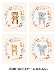 Vector collection of posters with animals surrounded by a plant wreath with autumn slogan. Thanksgiving day, anniversary, baby shower, birthday, children's party, autumn holidays