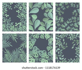 Vector collection of posters with branches and leaves. Isolated hand drawn illustration on dark background. Organic natural healthy products. Great for banner, poster, label, package