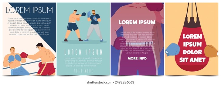 Vector collection of posters with an empty space for text, depicting male boxers in sports uniforms fighting in the ring and sparring with a coach