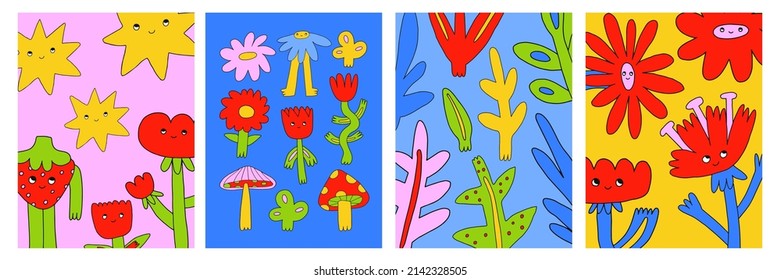 vector collection of posters with flowers characters. Botany in the style of psychedelic art of the 70s and 80s. Hippie posters with daisies, tulips, forget-me-nots. Funny prints with dudes hand drawn