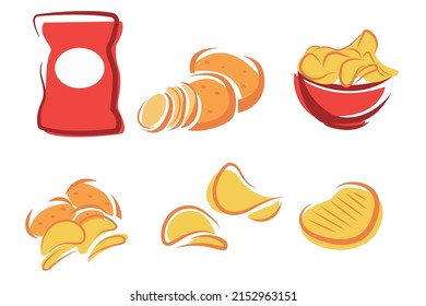 Vector collection of potato chips, packaging. Quick bite, delicious food. Colored flat illustration.