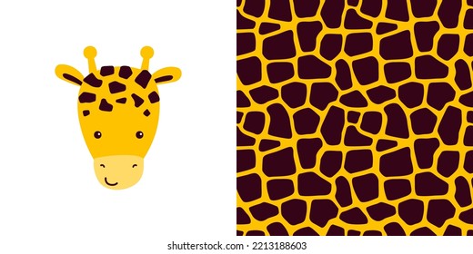 Vector collection - print with cute giraffe character plus seamless pattern with animal skins