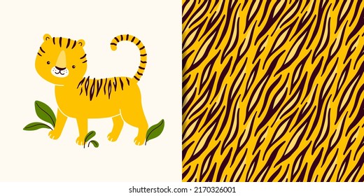 Vector collection - print with cute tiger character plus seamless pattern with animal skins