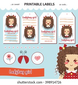 Vector collection printable gift tag, label, sticker. Kawaii cartoon little girl with curly hair, flower, heart, ladybug. Flat element for festive, cute, sweet design. Blue, orange, white colors