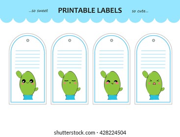 Vector collection printable gift tag, label, sticker. Kawaii hand-drawn cactus with different face (happy, angry, grumpy, sly, sleep). Perfect for hand-made items, bookmarks. Flat festive design
