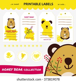 Vector collection printable gift tags, labels and stickers with cute cartoon bear, raspberry, flower, cheese, heart.  Flat elements for design. Set for stationery, scrapbooking, hand-made items