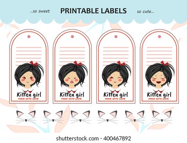Vector collection printable gift tags, labels, stickers. Kawaii kitten girl. Emotions: happy, sly, angry, dreaming face. Flat design. Blank space for your text included
