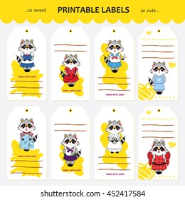 Vector collection printable gift tags, labels and stickers with kawaii raccoon girls. Flat element for design. Set for stationery, diary or notes. Space for Your text included, yellow version