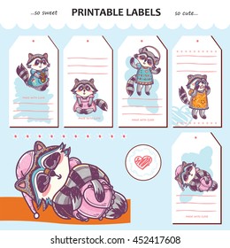 Vector collection printable gift tags, labels and stickers with kawaii raccoon girl. Cartoon element for design. Set for stationery, diary or notes. Blank space for your text included. Tender colors