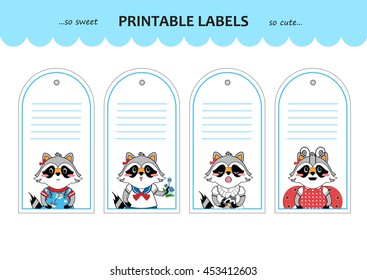 Vector collection printable gift tags, labels and stickers with portrait of kawaii raccoon girls. Flat element for design. Set for stationery, diary or notes. Space for Your text included, set 4/4