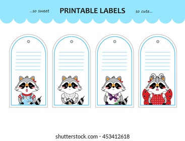 Vector collection printable gift tags, labels and stickers with portrait of kawaii raccoon girls. Flat element for design. Set for stationery, diary or notes. Space for Your text included, set 2/4