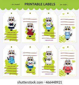 Vector collection printable gift tags, labels and stickers with kawaii raccoon girls. Flat element for design. Set for stationery, diary or notes. Space for Your text included, green version