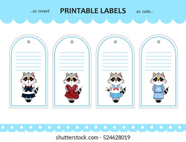 Vector collection printable gift tags, labels and stickers with little kawaii raccoon girls. Flat element for design. Set for stationery, diary or notes. Space for Your text included 