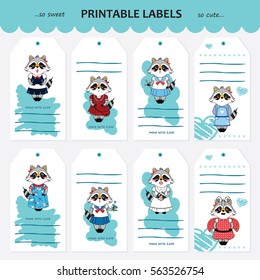 Vector collection printable gift tags, labels and stickers with kawaii raccoon girls. Flat element for design. Set for stationery, diary or notes. Space for Your text included, green-blue version
