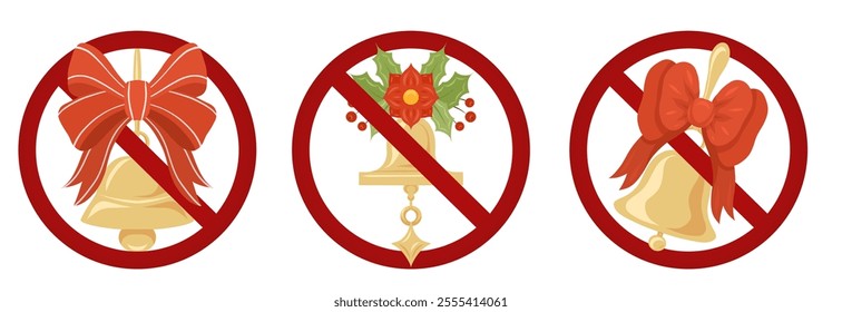 Vector collection of prohibition signs with Christmas bells. Set of forbidden signs with bells. No alert. Holiday in the ban