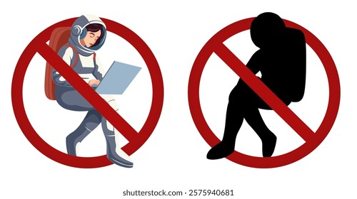 Vector collection of prohibitory signs with astronauts with laptop. It is forbidden to work in space. Do not bring gadgets into space. Collection of prohibition banners