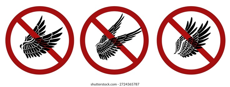 Vector colección de signos prohibitivos con alas de pájaro de silueta negra. Prohibición de volar y ser libre. Conjunto de alas de ángel en un signo prohibido para pegatinas e insignias.