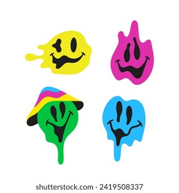 Vector Collection Of Psychedelic Smiles Melting Or Dripping. Trippy Face Emojis With Vibrant Colors Isolated On White