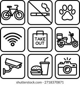 Vector collection of public facility line icons. Symbols for wifi, no smoking, pet friendly, cctv, food, and delivery. Perfect for cafe, hotel, and restaurant signage design.