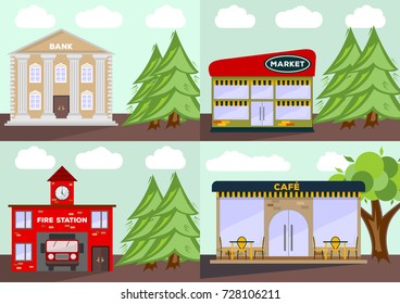 Vector collection of Public,Town Buildings. Bank, Market, Restaurant/Cafe, Fire station. Flat style