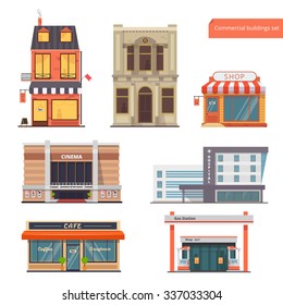 Vector collection Public,Town Buildings.Bank, Hotel/Hostel, Shop, Cinema, Hospital, Restaurant/Cafe, Gas Station.Flat style