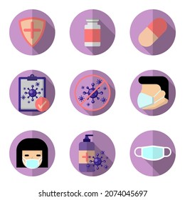 Vector collection of purple icons in modern flat design style on Corona virus concept. Isolated on white background.
