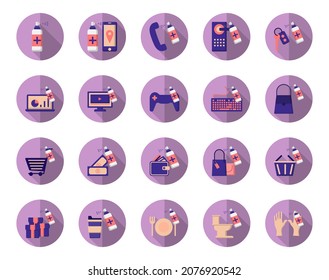 Colección vectorial de íconos morados en diseño plano moderno en el concepto del virus Corona. Aislado sobre fondo blanco.
