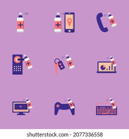 Vector collection of purple icons in modern flat design style on Corona virus concept. Isolated on white background.