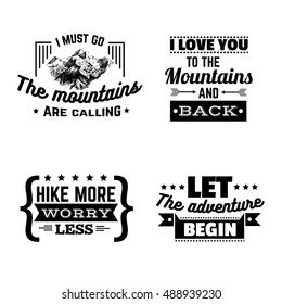 Vector collection of quote typographical background about mountains with sketch. Vintage set.  Hand drawn illustration. Template for card banner poster.