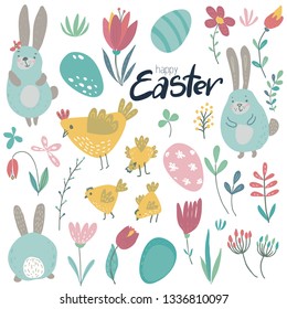 Vector collection of rabbits, chicken and flowers. Spring Easter set with cartoon bunnies, birds, eggs and plants