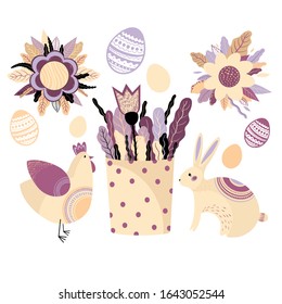 Colección vectorial de conejos, pollo y flores. Pascua de primavera con conejitos de dibujos animados, aves, huevos y plantas