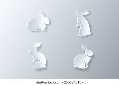 vector collection of rabbits made in white paper art style with shadows and highlights